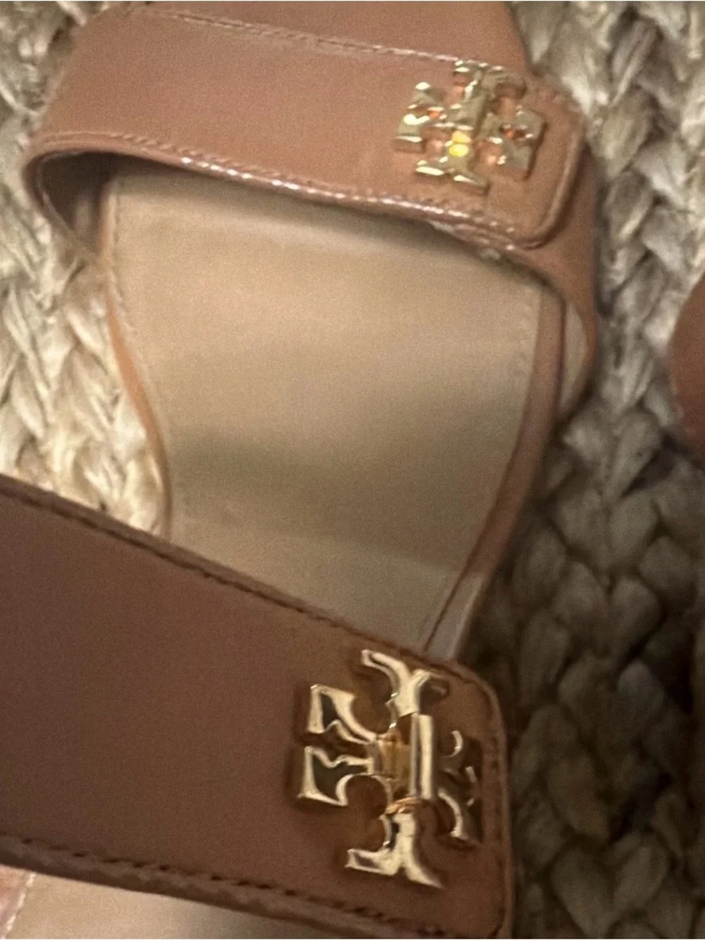 Tory Burch Tan Leather Block Heel Sandals with Gold Logo